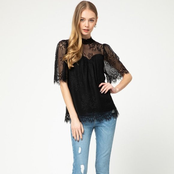 Entro Black High Neck Crochet Lace Top - Picture 2 of 14